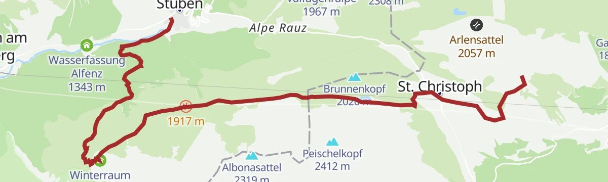 Route map: Arlberg Trail St. Anton - Stuben (Moderate Alternative)